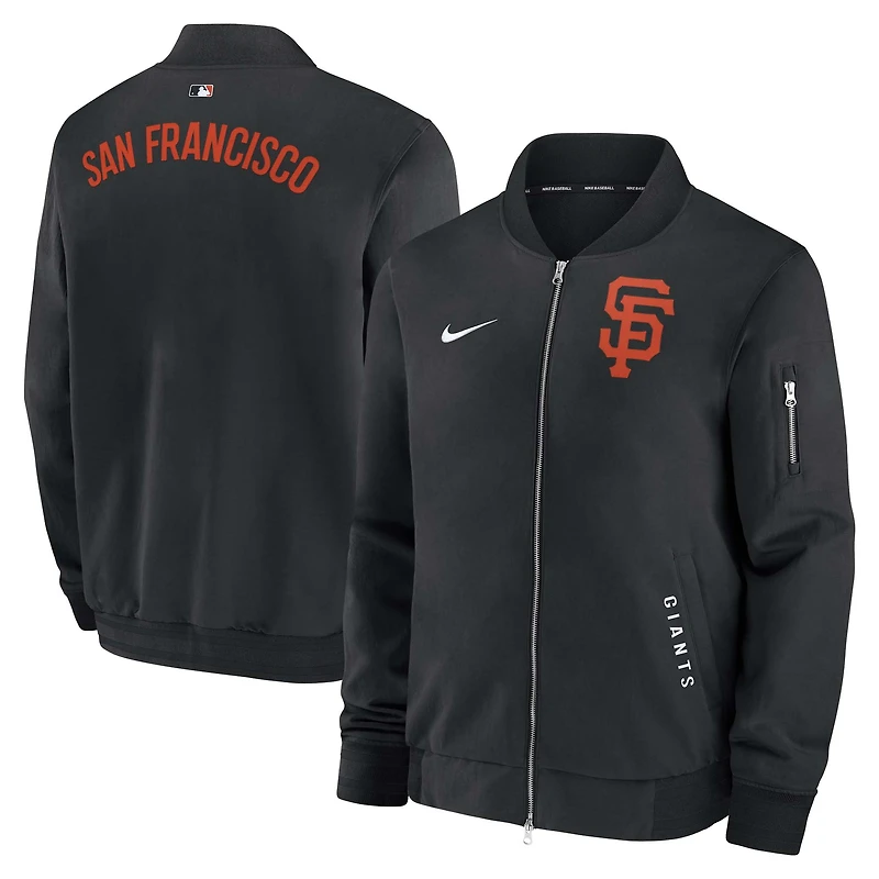 Veste aviateur Nike noire à fermeture éclair intégrale pour homme, collection authentique des Giants de San Francisco, modèle Dugout
