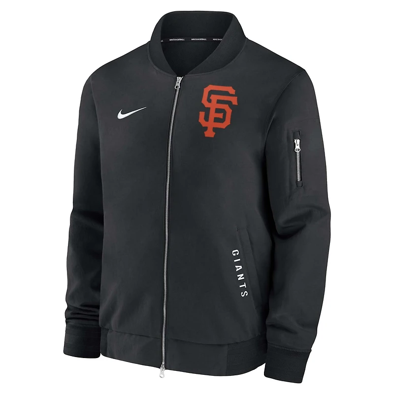 Veste aviateur Nike noire à fermeture éclair intégrale pour homme, collection authentique des Giants de San Francisco, modèle Dugout