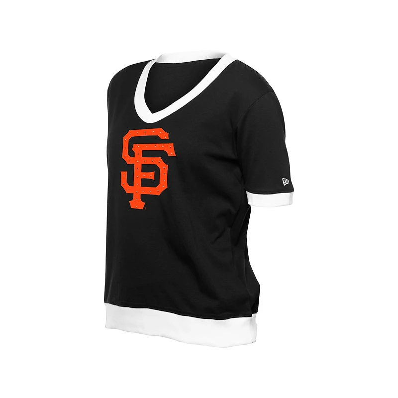 Women's New Era Black San Francisco Giants Game Day Rhinestone V-Neck T-Shirt