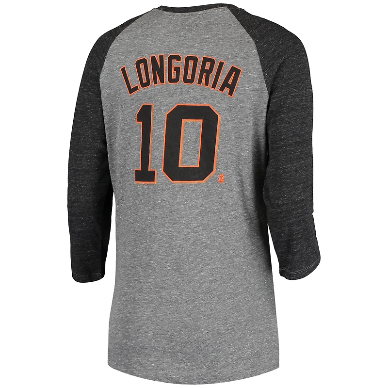 T-shirt raglan à manches 3/4 en mélange de trois matières pour femmes, 5th & Ocean par New Era, avec nom et numéro Evan Longoria gris des Giants San Francisco.