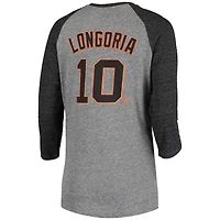 T-shirt raglan à manches 3/4 en mélange de trois matières pour femmes, 5th & Ocean par New Era, avec nom et numéro Evan Longoria gris des Giants San Francisco.