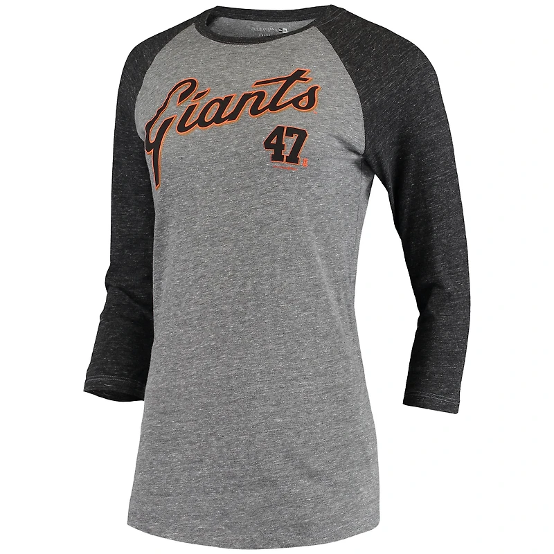 Women's 5th & Ocean by New Era Johnny Cueto Gray San Francisco Giants Script Name Number Raglan Tri-Blend 3/4-Sleeve T-Shirt