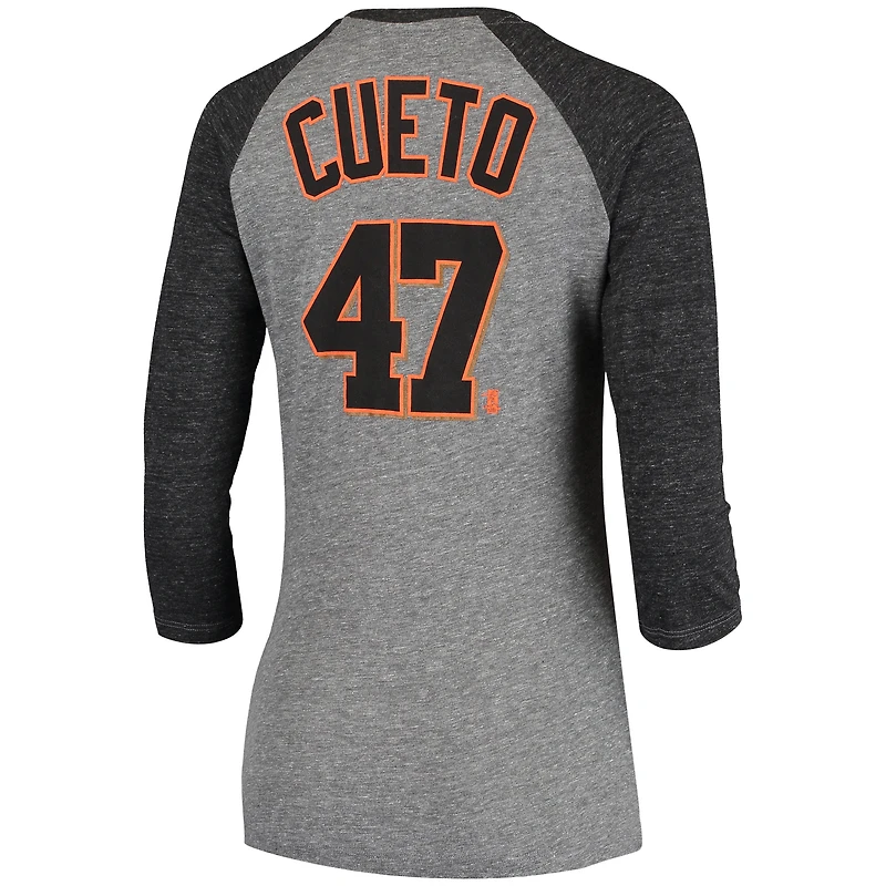 Women's 5th & Ocean by New Era Johnny Cueto Gray San Francisco Giants Script Name Number Raglan Tri-Blend 3/4-Sleeve T-Shirt
