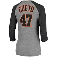 Women's 5th & Ocean by New Era Johnny Cueto Gray San Francisco Giants Script Name Number Raglan Tri-Blend 3/4-Sleeve T-Shirt
