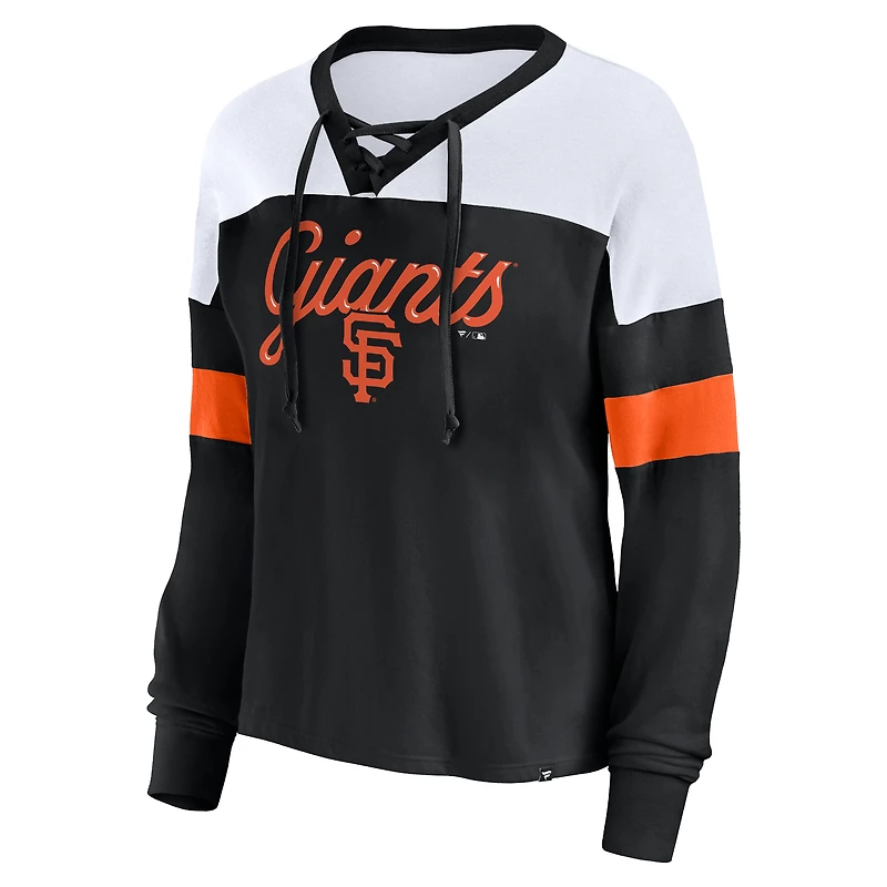 Women's Fanatics Black/White San Francisco Giants Even Match Lace-Up Long Sleeve V-Neck T-Shirt