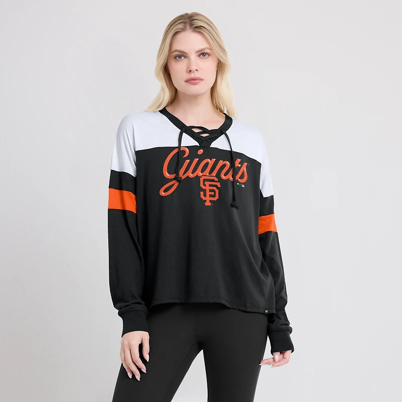 Women's Fanatics Black/White San Francisco Giants Even Match Lace-Up Long Sleeve V-Neck T-Shirt