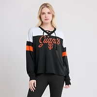 Women's Fanatics Black/White San Francisco Giants Even Match Lace-Up Long Sleeve V-Neck T-Shirt