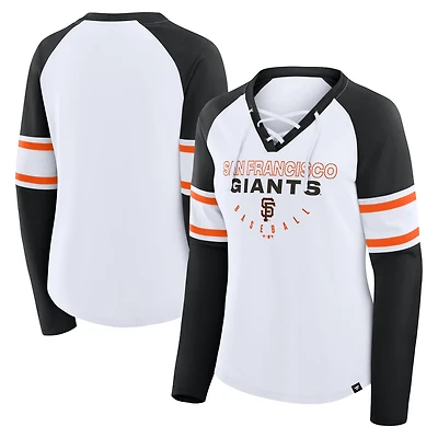 T-shirt à manches longues et col en V lacets raglan Fanatics blanc/noir pour femme, motif Blitz des Giants de San Francisco