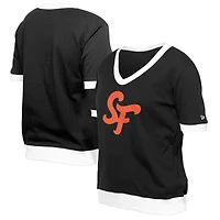 T-shirt col V New Era noir pour femme, motif City Connect 2025 des Giants de San Francisco, avec strass