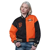 Veste universitaire Starter orange/noire pour femme des Giants de San Francisco, coupe courte, fermeture à boutons-pression.