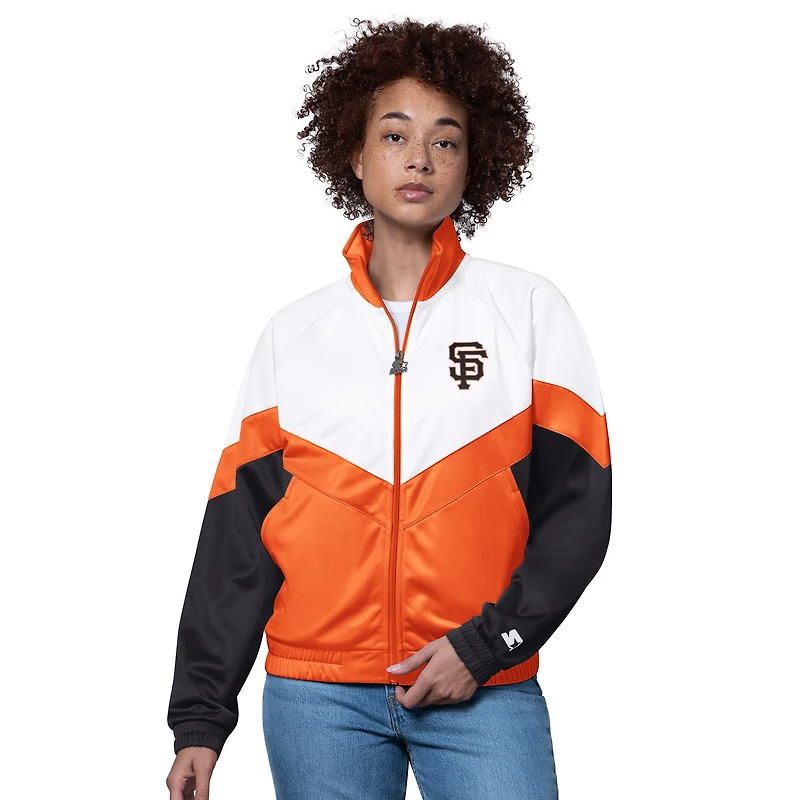 Veste de survêtement Starter blanche/orange Teamwork Raglan entièrement zippée pour femme des San Francisco Giants