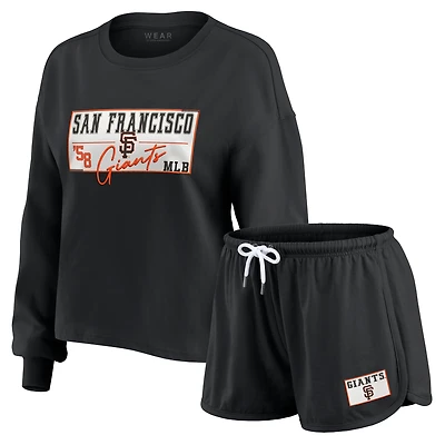 Women's WEAR by Erin Andrews Black San Francisco Giants Heavy Rugby Jersey Cropped Long Sleeve T-Shirt & Shorts Lounge Set