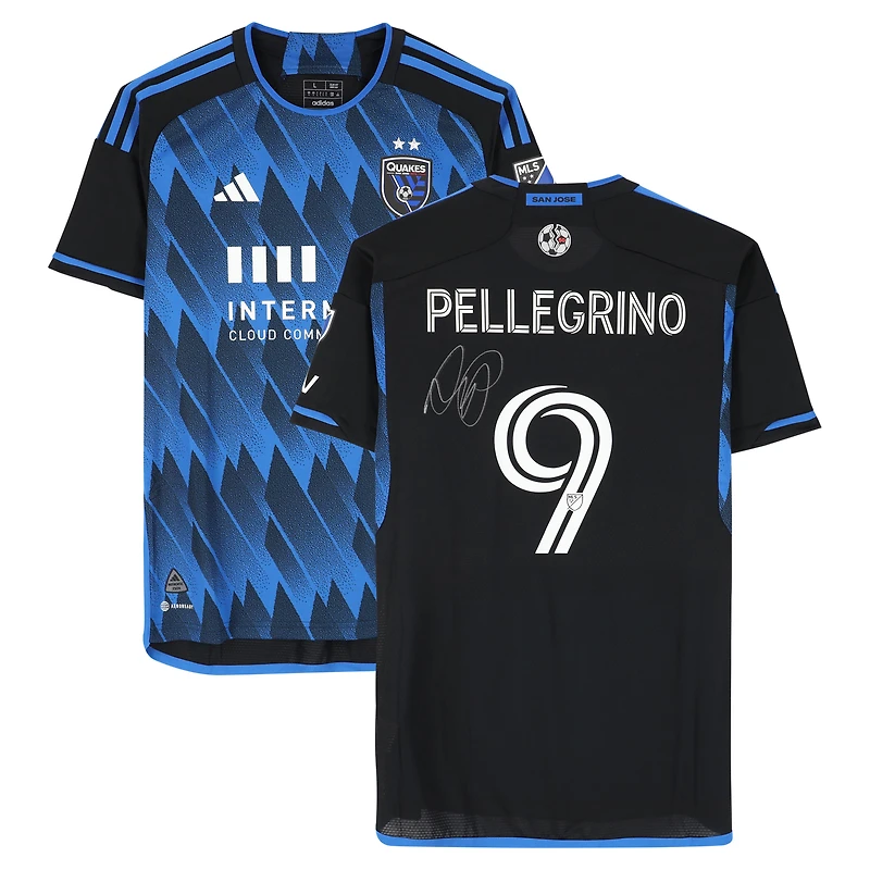 Maillot adidas bleu/noir dédicacé Amahl Pellegrino des San Jose Earthquakes, numéro 9, utilisé lors du match, saison 2024 de la MLS - Taille M