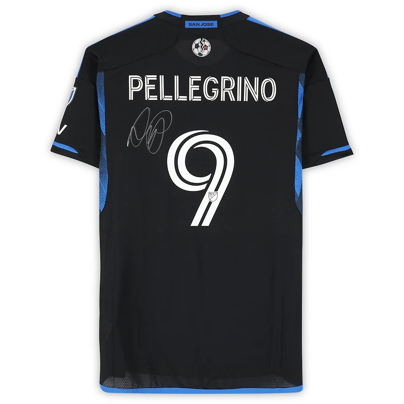 Maillot adidas bleu/noir dédicacé Amahl Pellegrino des San Jose Earthquakes, numéro 9, utilisé lors du match, saison 2024 de la MLS - Taille M
