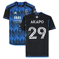 Maillot adidas bleu/noir dédicacé Carlos Akapo des San Jose Earthquakes, numéro 29, utilisé lors du match, saison 2024 de la MLS - Taille M