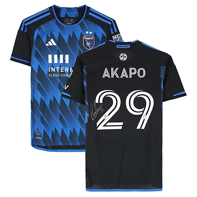 Maillot adidas bleu/noir dédicacé Carlos Akapo des San Jose Earthquakes, numéro 29, utilisé lors du match, saison 2024 de la MLS - Taille M