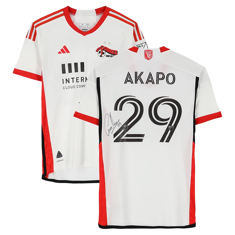 Maillot adidas blanc dédicacé Carlos Akapo des San Jose Earthquakes #29, utilisé lors du match de la saison 2024 de la MLS - Taille M