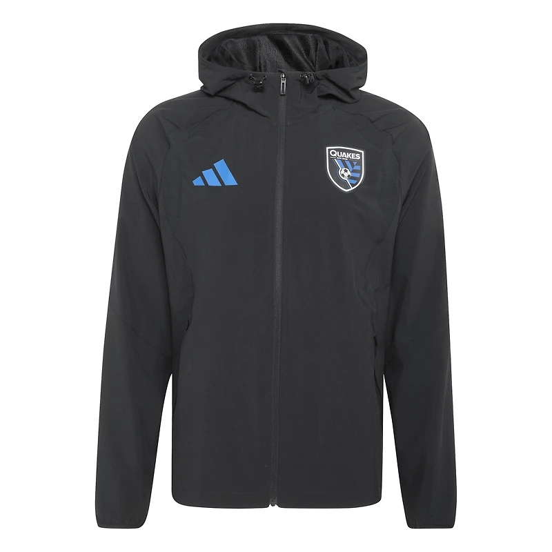 Coupe-vent à capuche zippé adidas San Jose Earthquakes Tiro Travel pour homme, noir