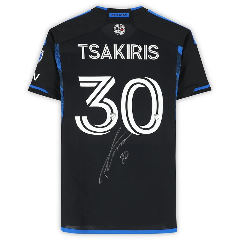 Maillot adidas bleu/noir dédicacé n° 30 des San Jose Earthquakes de Niko Tsakiris pour la saison 2024 de la MLS - Taille M