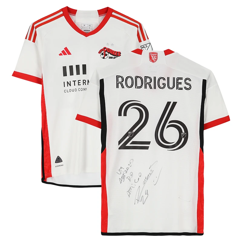 Maillot adidas blanc dédicacé Rodrigues San Jose Earthquakes n° 26, utilisé lors du match, saison 2024 de la MLS - Taille M