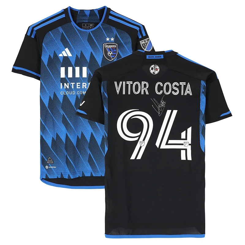 Maillot adidas bleu/noir dédicacé Vitor Costa de Brito des San Jose Earthquakes, numéro 94, utilisé lors du match, saison 2024 de la MLS - Taille S