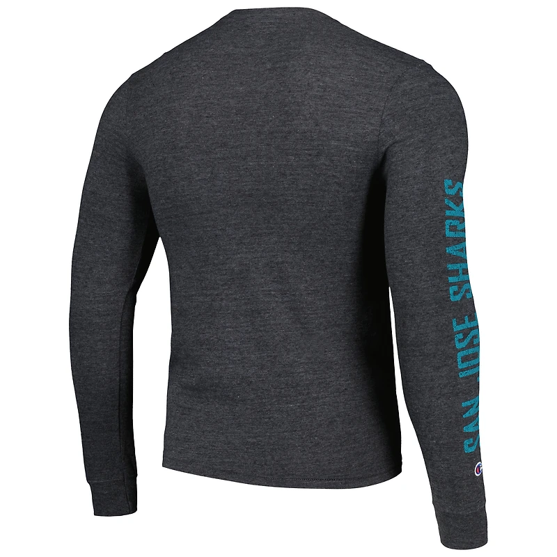 Men's Champion Heather Black San Jose Sharks Multi-Logo Tri-Blend Long Sleeve T-Shirt