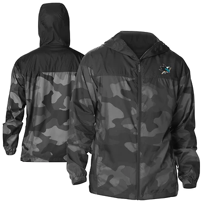 Men's Columbia Black San Jose Sharks Camo Flash Challenger Omni-Shade Full-Zip Hoodie Windbreaker