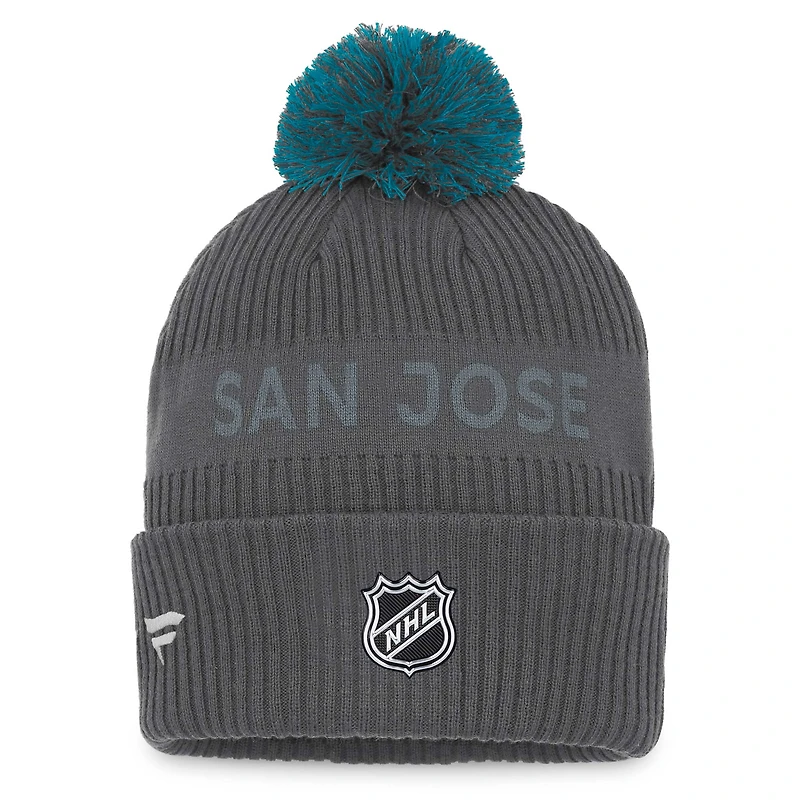 Bonnet en tricot à revers de glace authentique Pro Home Fanatics Charcoal San Jose Sharks pour hommes avec pompon