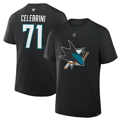 T-shirt Macklin Celebrini Fanatics pour homme, noir, authentique, avec nom et numéro Stack des Sharks de San Jose