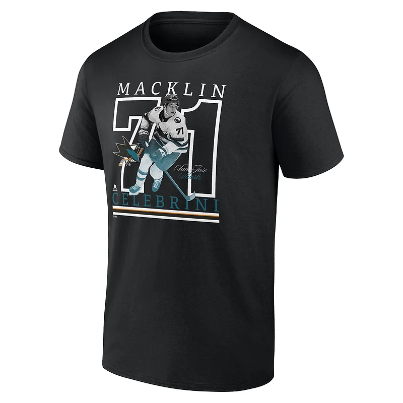Men's Fanatics Macklin Celebrini Black San Jose Sharks Authentic Stack Name & Number T-Shirt