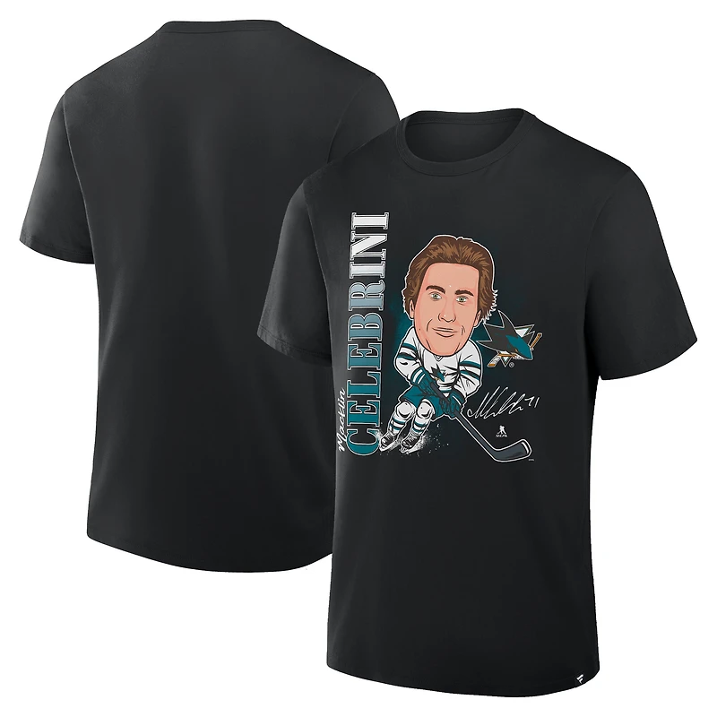 Men's Fanatics Macklin Celebrini Black San Jose Sharks Caricature Player T-Shirt