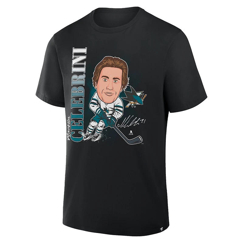 Men's Fanatics Macklin Celebrini Black San Jose Sharks Caricature Player T-Shirt