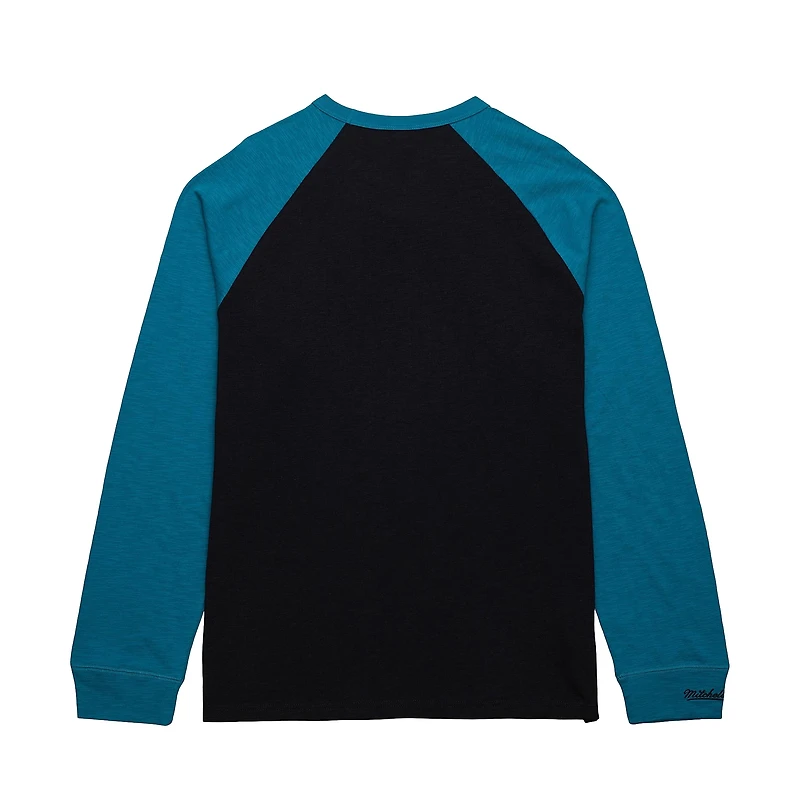 T-shirt à manches longues raglan légendaire noir/bleu sarcelle pour homme Mitchell & Ness San Jose Sharks