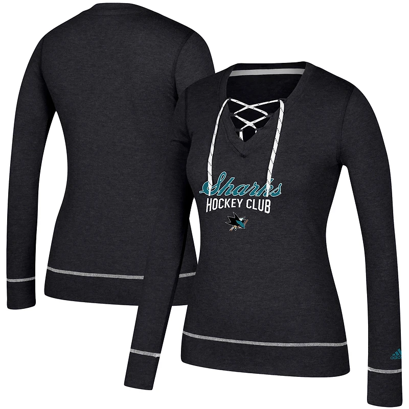 T-shirt à manches longues et col en V lacets adidas Heathered Black San Jose Sharks Skate Through pour femme