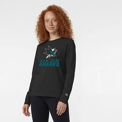 T-shirt à manches longues Champion noir pour femmes, logo San Jose Sharks.