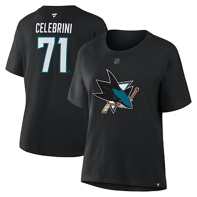Women's Fanatics Macklin Celebrini Black San Jose Sharks Authentic Stack Name & Number T-Shirt