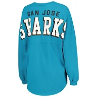 T-shirt en jersey à manches longues et col V Fanatics pour femmes, bleu sarcelle, San Jose Sharks Spirit, lacets