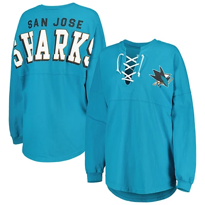 T-shirt en jersey à manches longues et col V Fanatics pour femmes, bleu sarcelle, San Jose Sharks Spirit, lacets