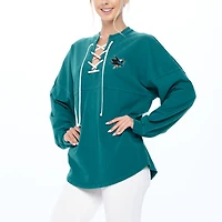 T-shirt en jersey à manches longues et col V Fanatics pour femmes, bleu sarcelle, San Jose Sharks Spirit, lacets