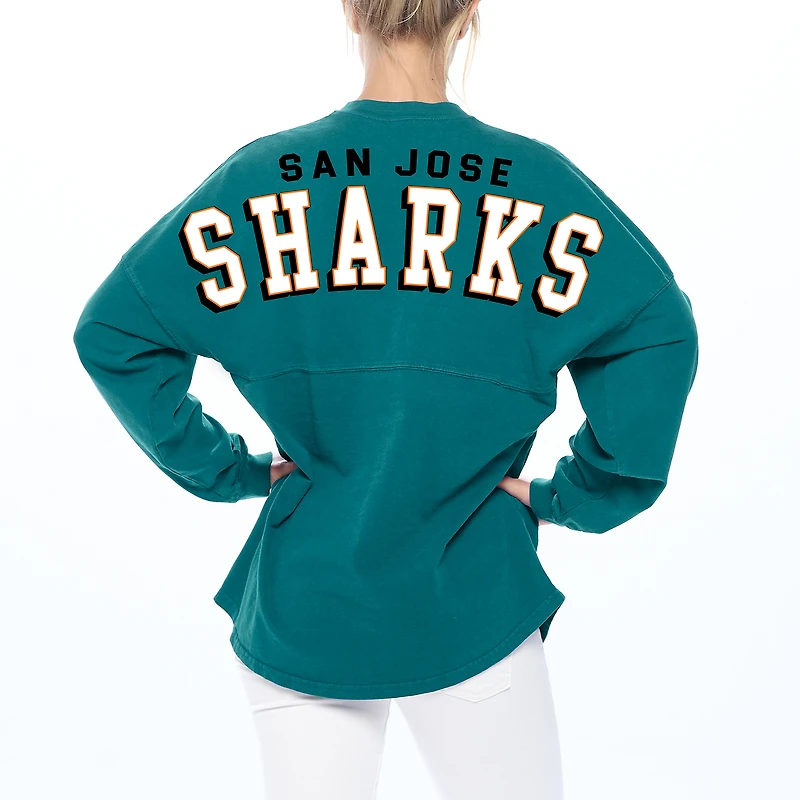 T-shirt en jersey à manches longues et col V Fanatics pour femmes, bleu sarcelle, San Jose Sharks Spirit, lacets