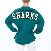T-shirt en jersey à manches longues et col V Fanatics pour femmes, bleu sarcelle, San Jose Sharks Spirit, lacets