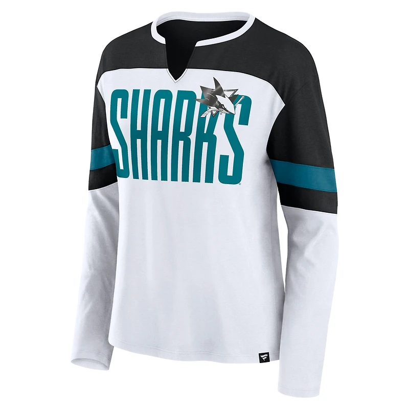 T-shirt à manches longues et col cranté pour femme Fanatics San Jose Sharks blanc/noir Frozen