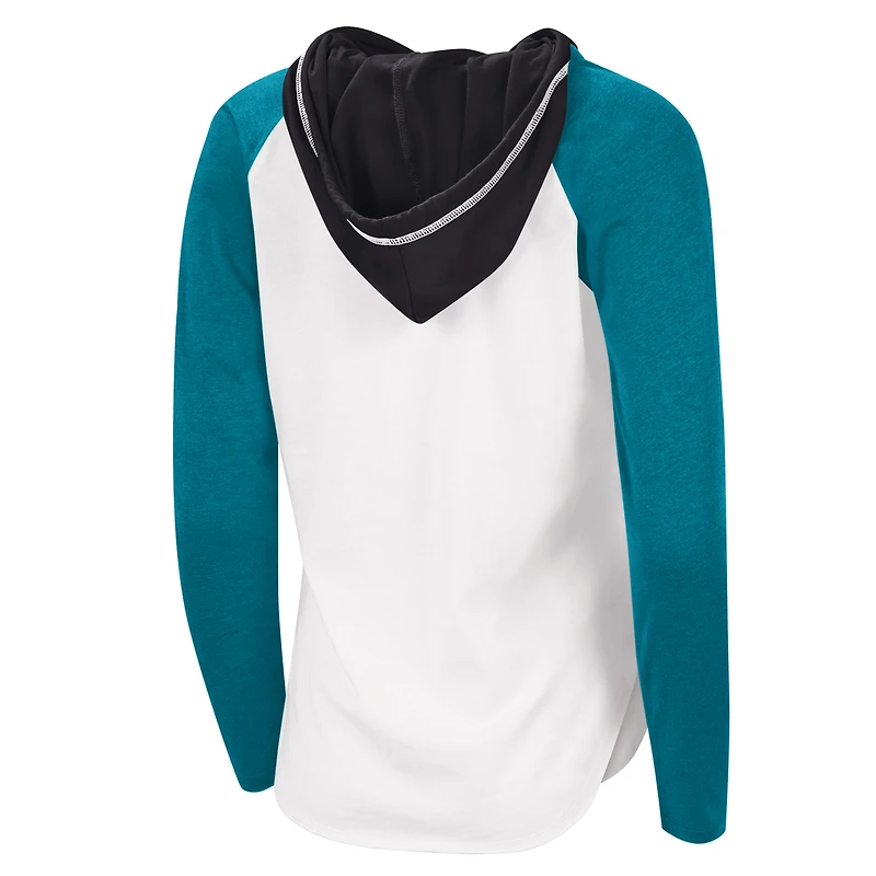 T-shirt léger à capuche G-III Sports by Carl Banks pour femmes, blanc/bleu sarcelle, MVP Raglan des Sharks de San Jose