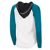 T-shirt léger à capuche G-III Sports by Carl Banks pour femmes, blanc/bleu sarcelle, MVP Raglan des Sharks de San Jose