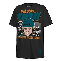 Youth Mitchell & Ness Macklin Celebrini Black San Jose Sharks Caricature T-Shirt