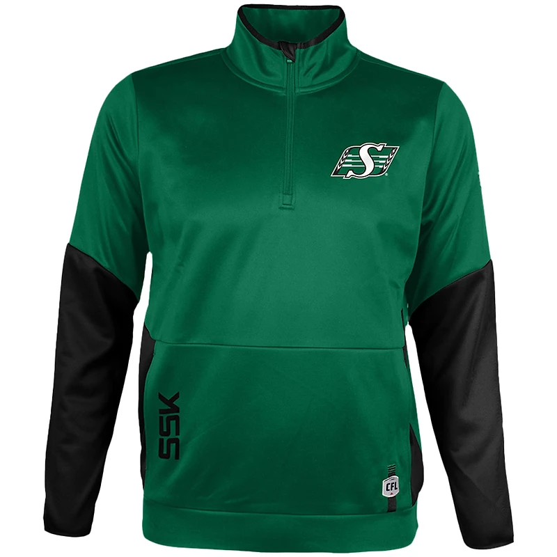 Haut en molleton Sideline Performance vert à fermeture éclair quart de tour pour homme des Saskatchewan Roughriders New Era