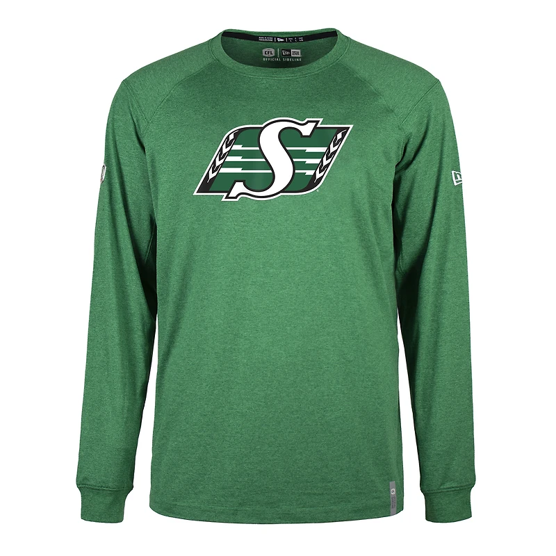 T-shirt à manches longues pour homme vert Saskatchewan Roughriders Sideline Thrive Performance de New Era