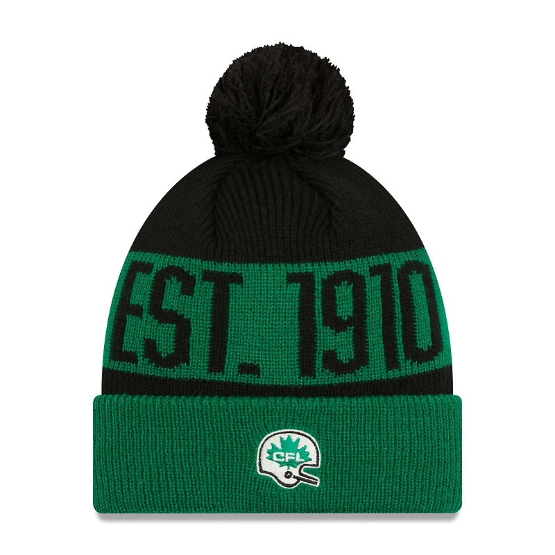 Bonnet en tricot à revers avec pompon New Era pour hommes, Roughriders de la Saskatchewan, Turf Traditions, vert