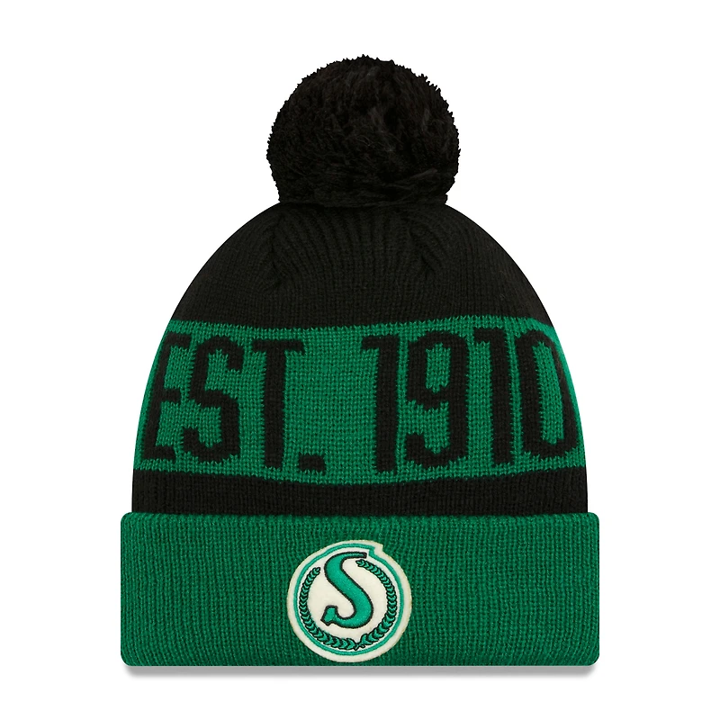 Bonnet en tricot à revers avec pompon New Era pour hommes, Roughriders de la Saskatchewan, Turf Traditions, vert