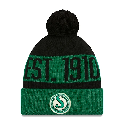 Bonnet en tricot à revers avec pompon New Era pour hommes, Roughriders de la Saskatchewan, Turf Traditions, vert